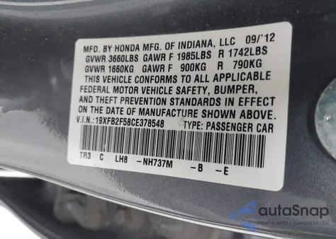 2012 Honda Civic Lx из США, поврежденный, VIN 19XFB2F58CE378548